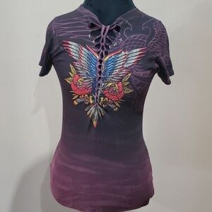 Affliction black label eagle wing jewelled t shirt burgandy black distressed